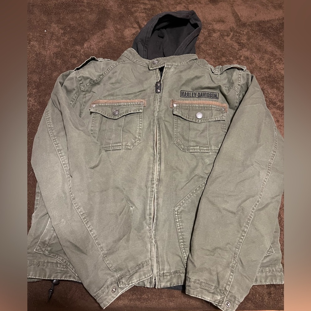 Harley Davidson Road Warrior Olive Green Jacket with removable hooded vest Large